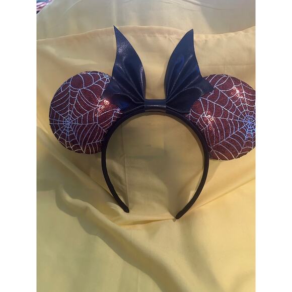 Handmade Disney Halloween Orange and Black Glitter Spiderweb Headband Ears - Picture 1 of 2